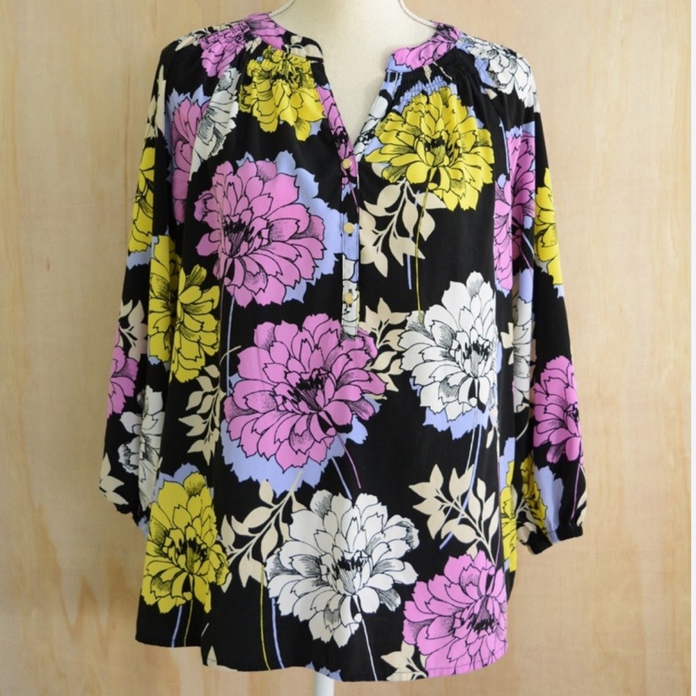 Floral Black Blouse with Yellow and Purple Accents